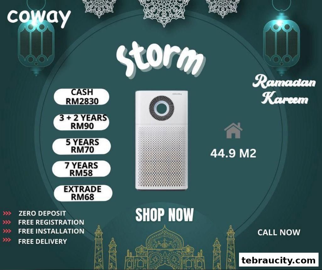 A Coway air purifier with various payment and rental options, plus special offers.