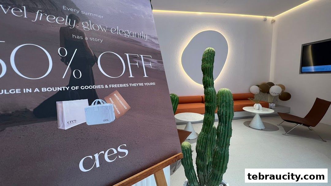 A promotional banner for Cres Wellness with a 50% off sale and a stylish interior.