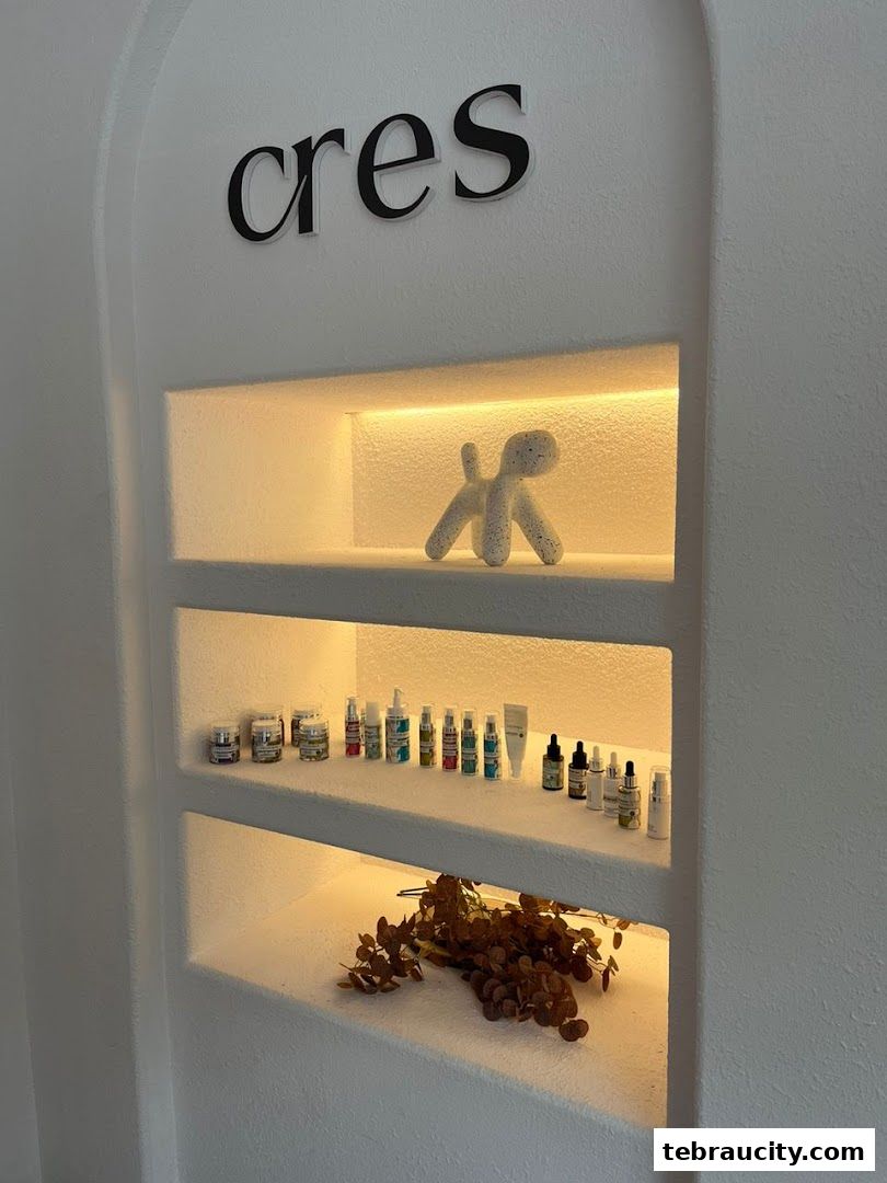 A display shelf with skincare products and decorative items at Cres Wellness.
