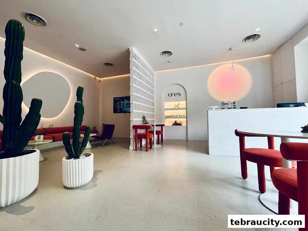 Interior of a modern wellness center with minimalist decor, featuring cacti, seating, and a reception desk.