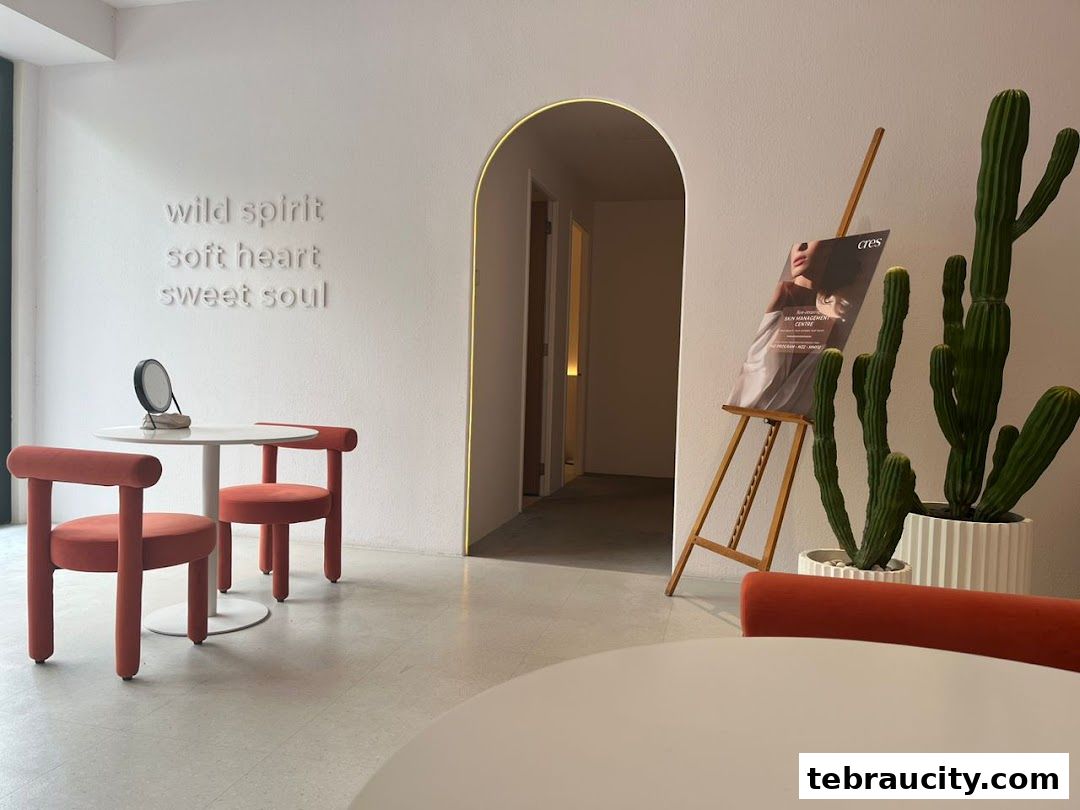 Interior of a wellness center with modern decor, featuring chairs, a table, and a promotional poster.