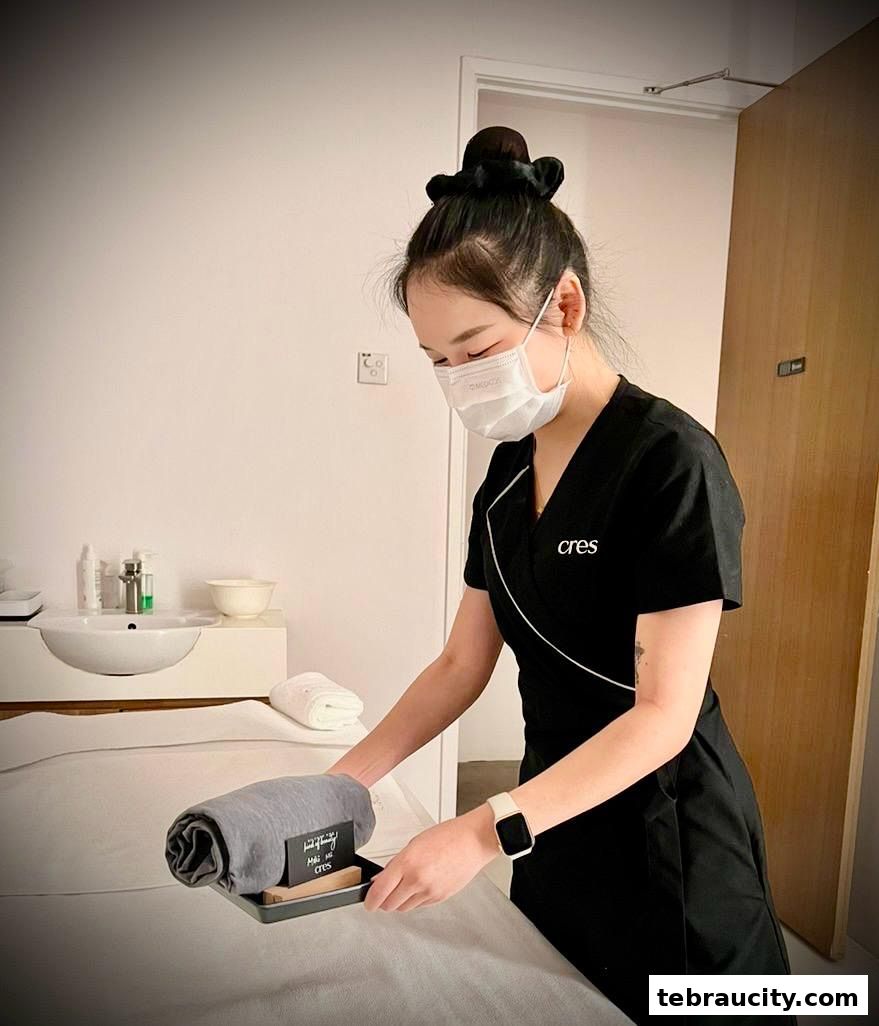 A spa therapist in a black uniform prepares a treatment room with a rolled towel.