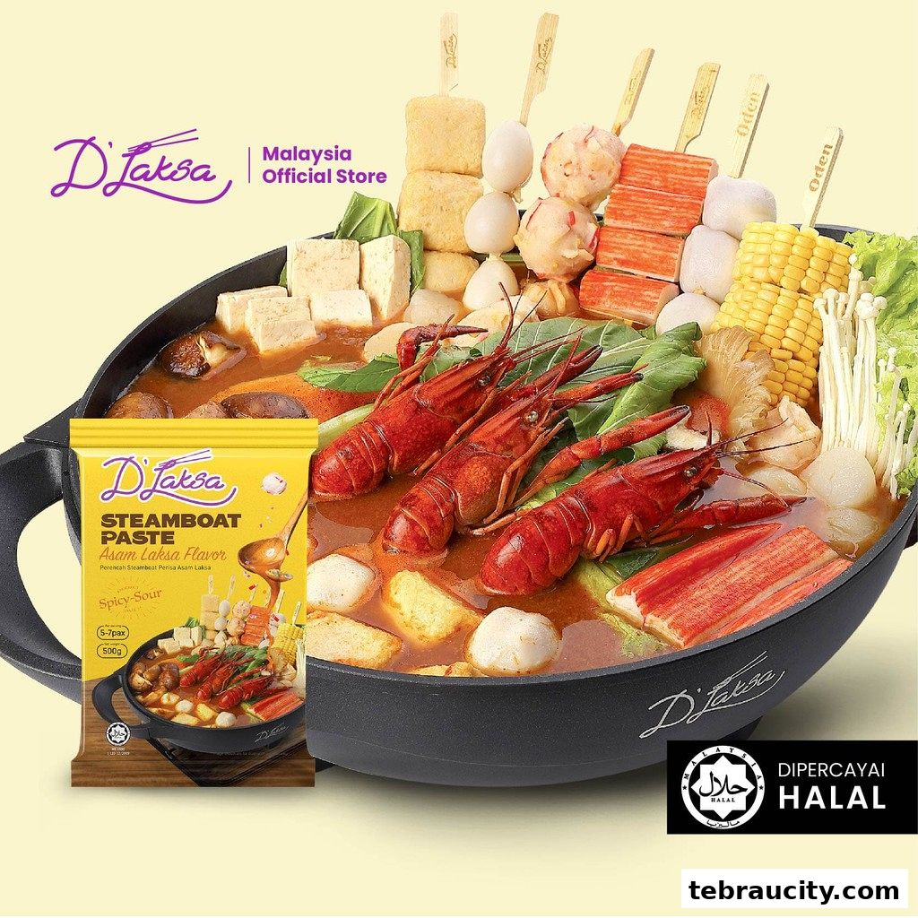 A steamboat pot filled with various ingredients and a pack of D'Laksa Asam Laksa Steamboat Paste.