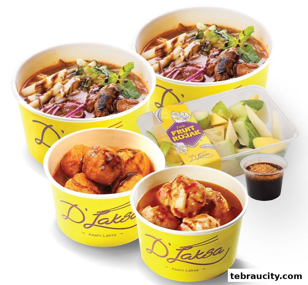 A spread of D Laksa's signature Asam Laksa and side dishes in yellow containers.