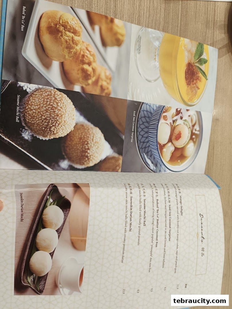 A menu page showcasing various dim sum desserts with appealing food photography.