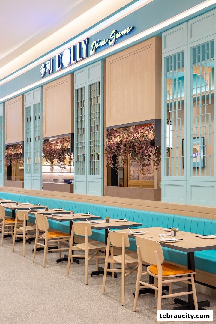 Interior of Dolly Dim Sum restaurant with tables, chairs, and decorative elements.