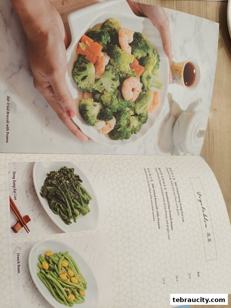 A menu page showcasing three vegetable dishes with accompanying images and descriptions.