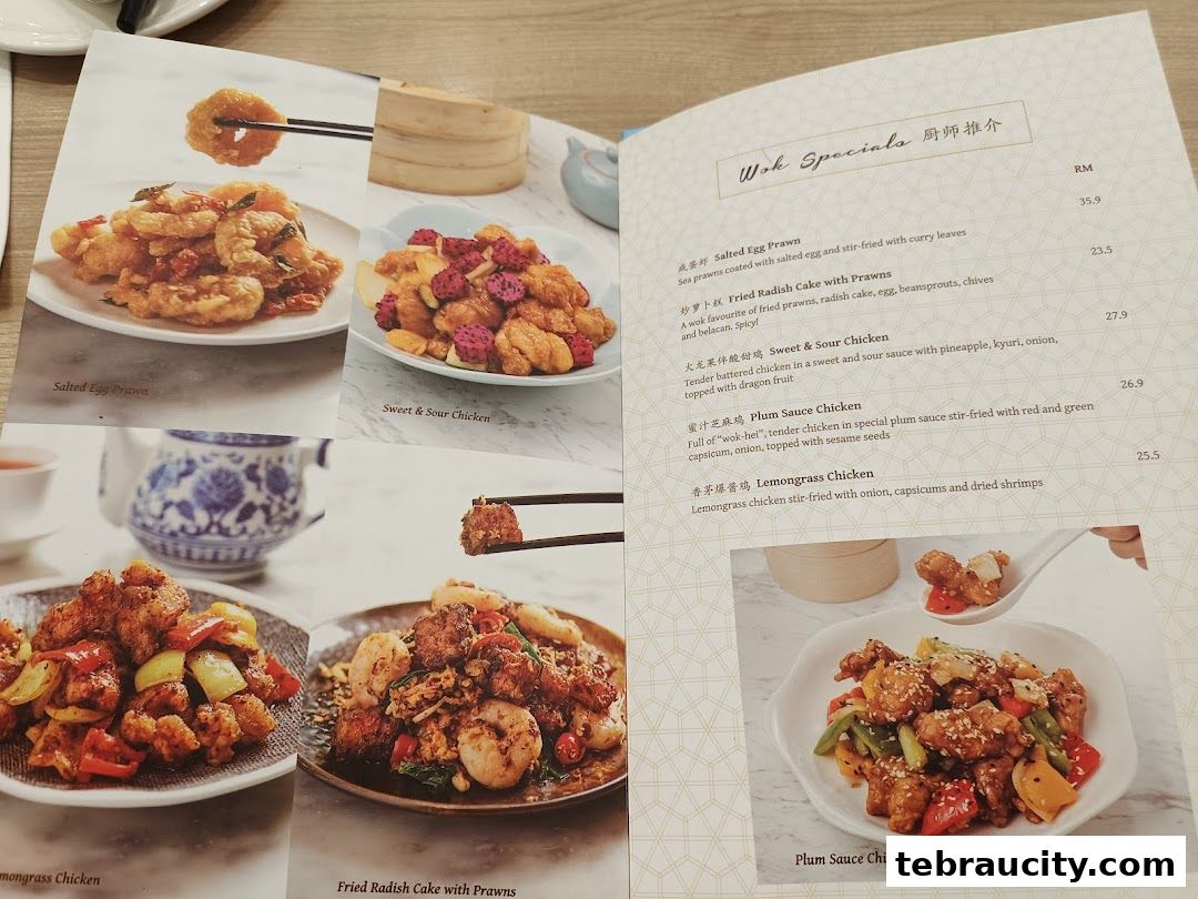 A menu from Dolly Dim Sum featuring various wok specials with enticing food photography.