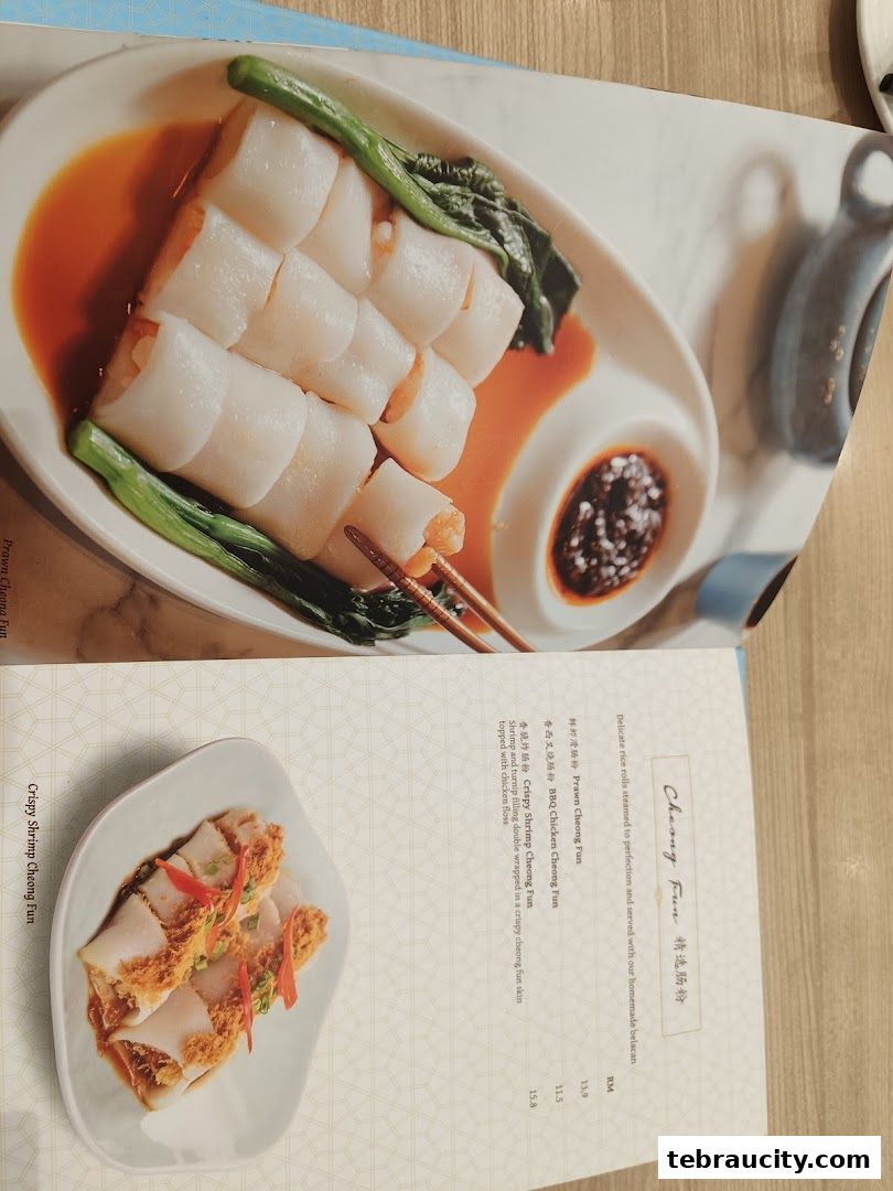 A menu featuring various types of Cheong Fun, a popular dim sum dish.