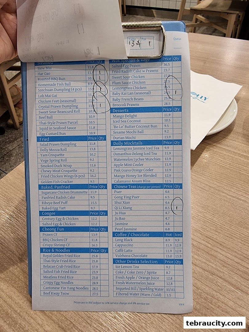 A close-up of a dim sum menu with various dishes and prices listed.