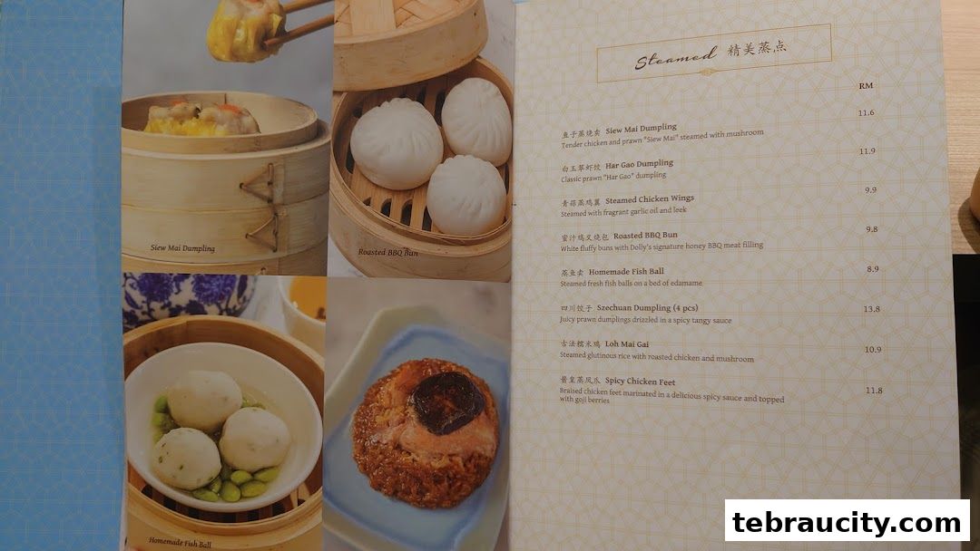 A menu page from Dolly Dim Sum featuring various steamed dim sum dishes with accompanying images.