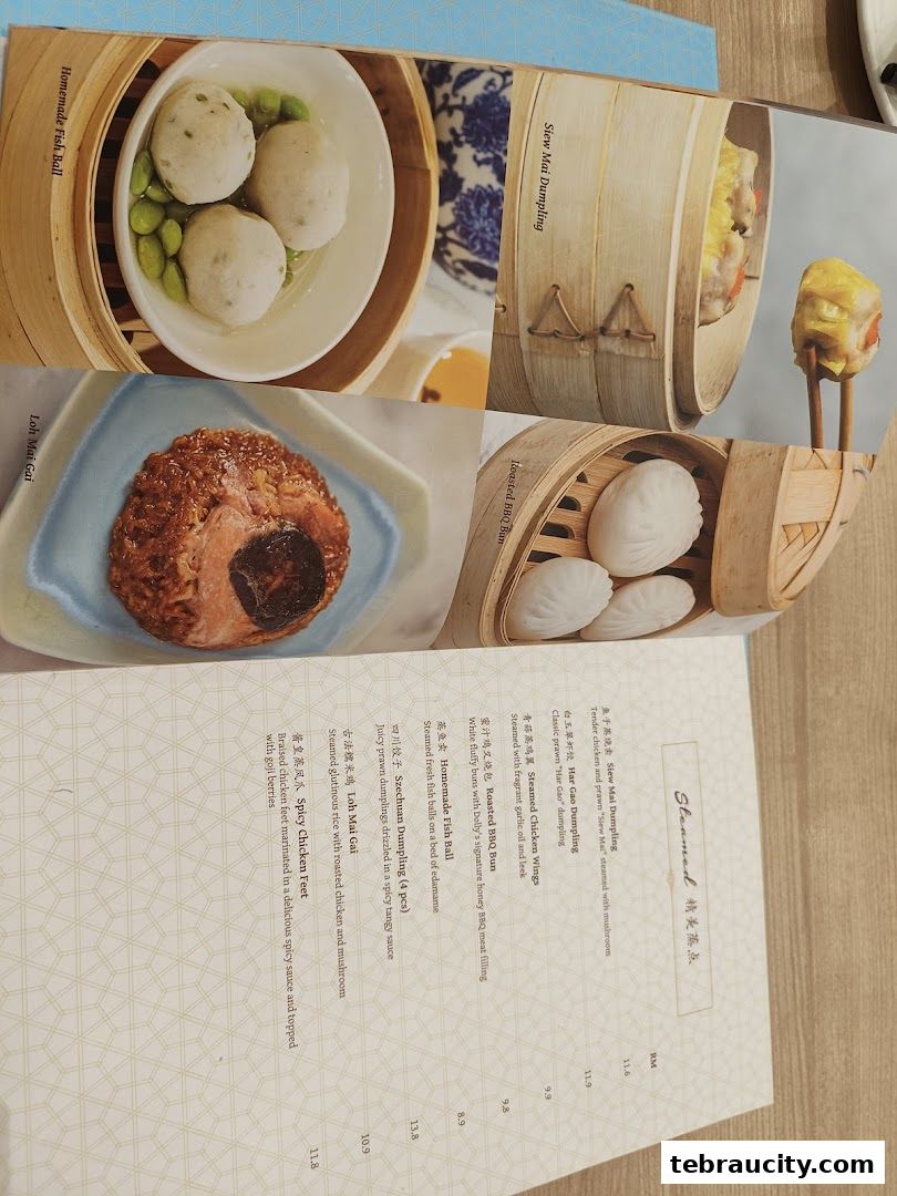 A menu featuring various dim sum dishes with accompanying images and descriptions.