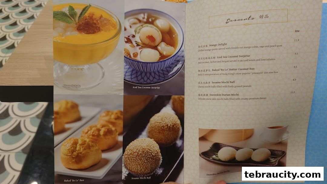 A menu page showcasing various delicious dim sum desserts with accompanying images.