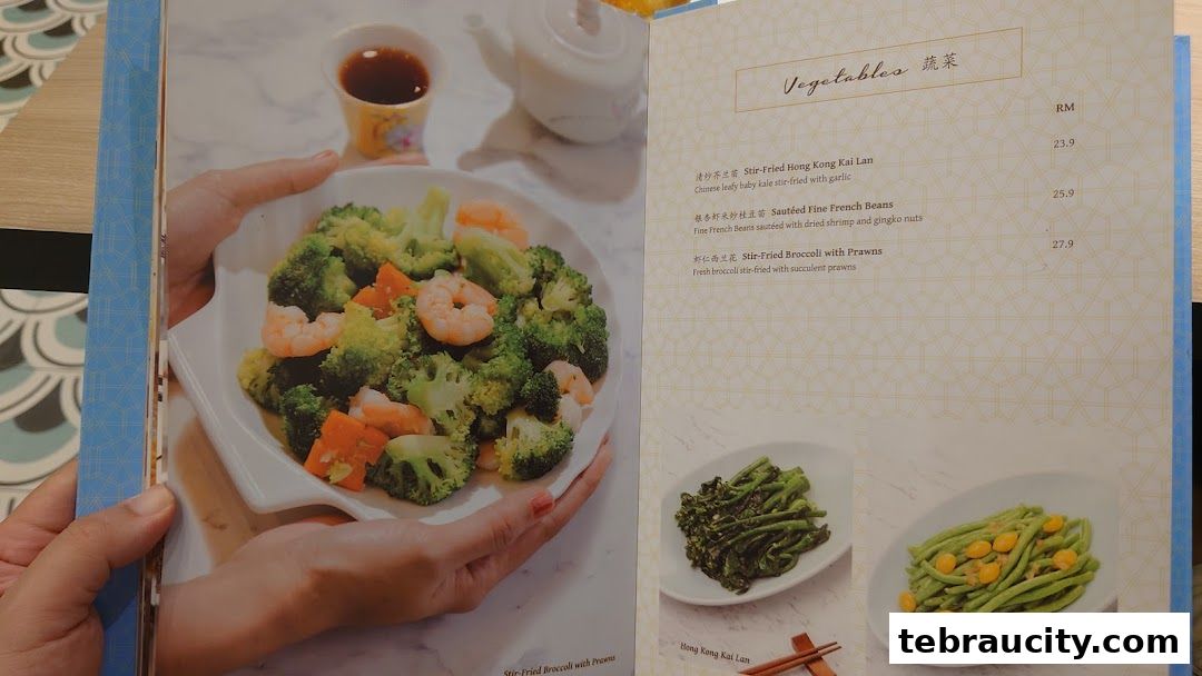 A menu page featuring various vegetable dishes with accompanying images and prices.