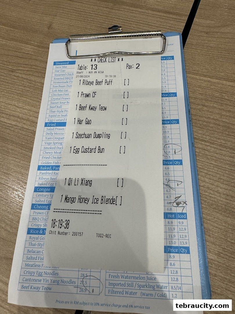 A close-up of a dim sum restaurant's order checklist with various dishes and prices.