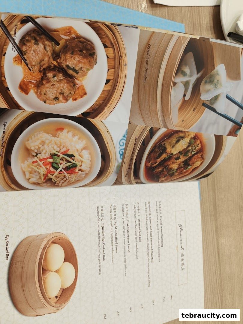 A menu featuring various dim sum dishes with accompanying images and descriptions.