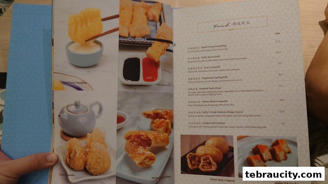 A menu page from Dolly Dim Sum featuring various fried dim sum items with descriptions and prices.