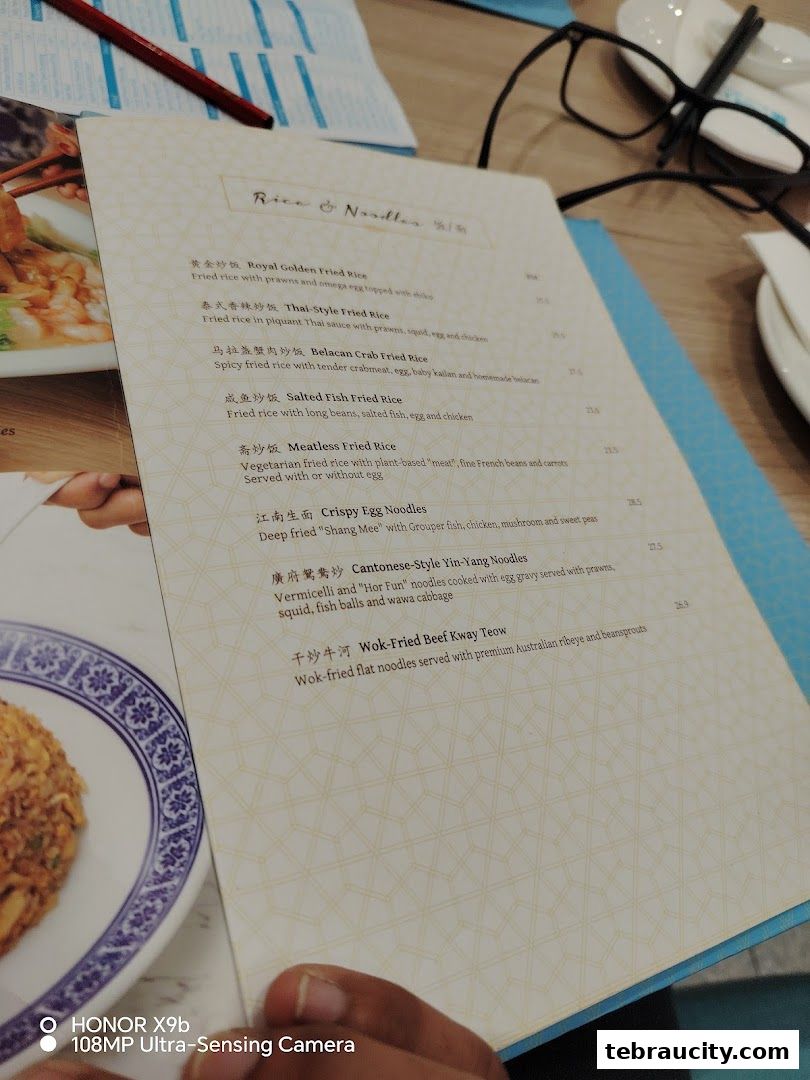 A close-up view of a Dolly Dim Sum menu featuring rice and noodle dishes.