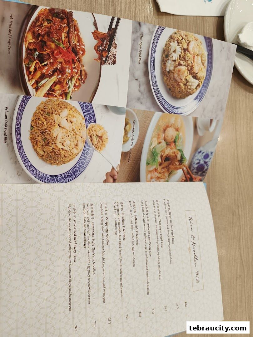 A menu showcasing various rice and noodle dishes with appetizing images.