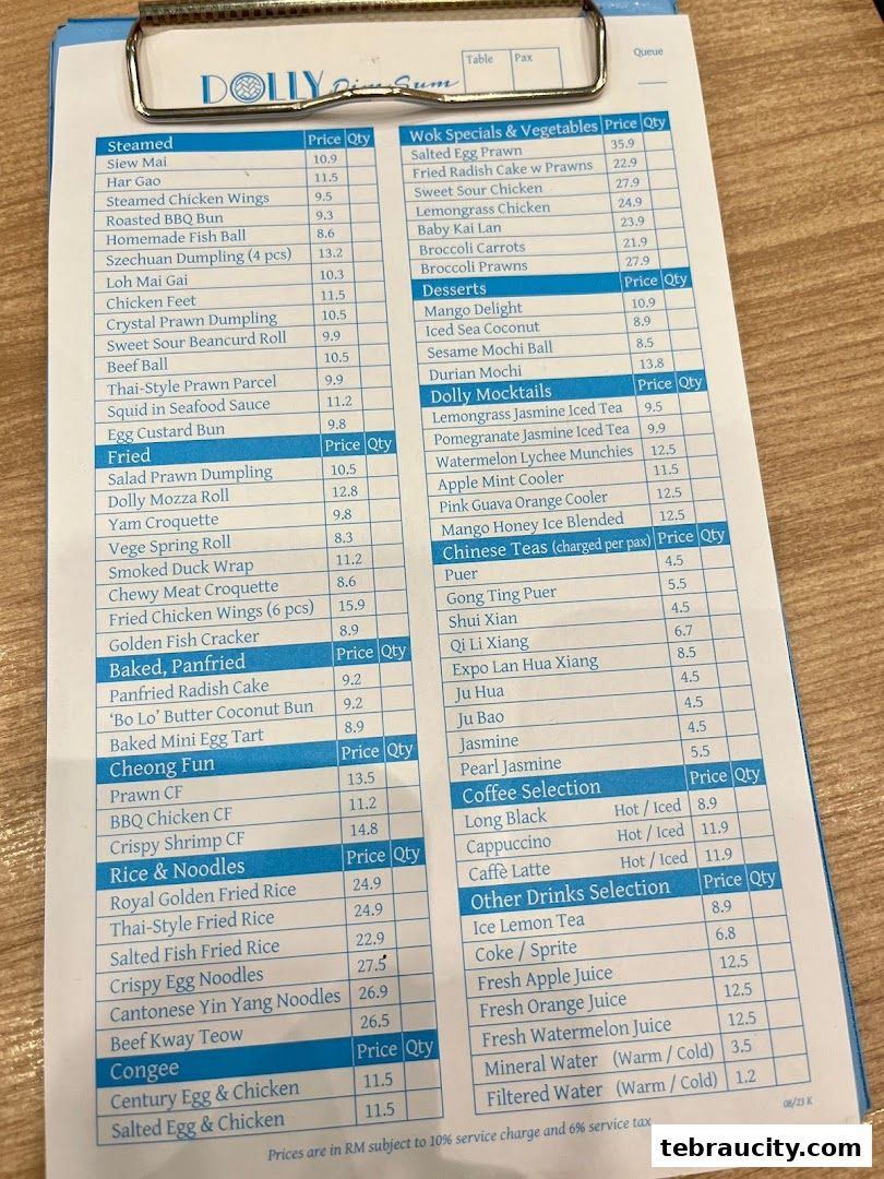 A menu from Dolly Dim Sum featuring a variety of steamed, fried, baked, and congee dishes, along with drinks.