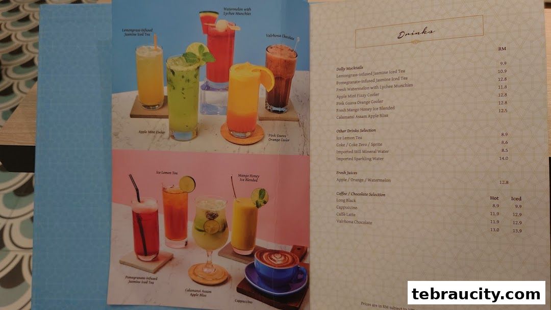 A menu page showcasing various refreshing drinks and coffee options with appealing visuals.
