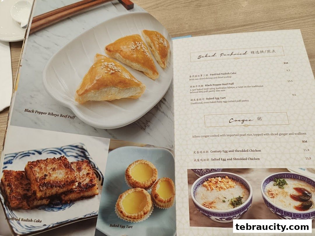 A menu from Dolly Dim Sum featuring baked dim sum and congee dishes.