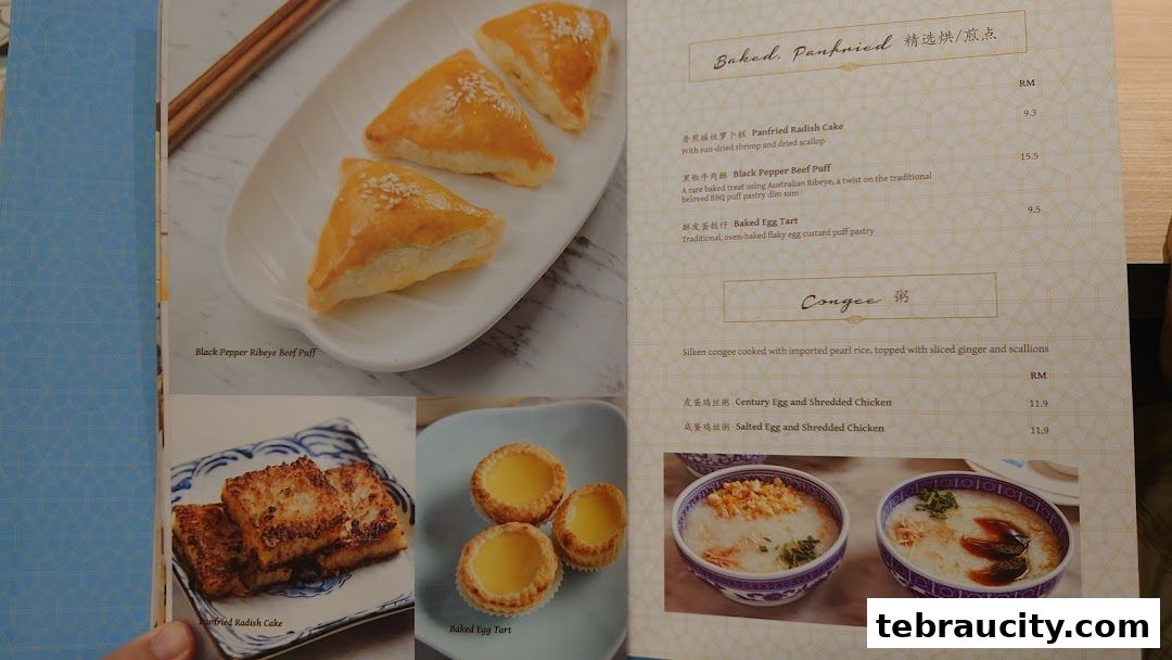 A menu page from Dolly Dim Sum featuring baked, pan-fried, and congee dishes with prices.