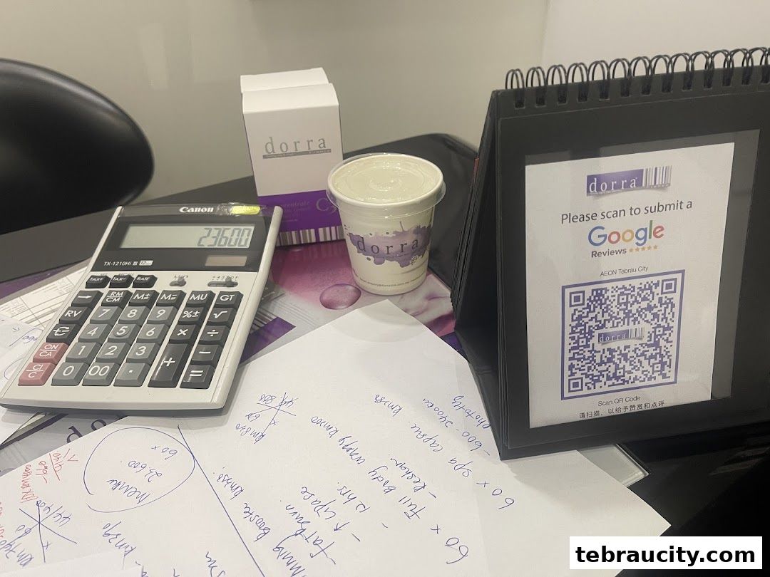 A desk with a calculator, Dorra products, and handwritten notes, featuring a Google reviews QR code.