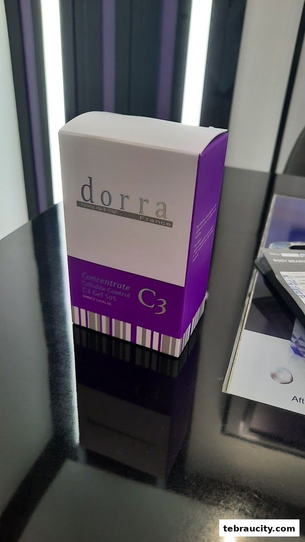 A box of Dorra Concentrate Cellulite Control C3 Gel 505 is displayed on a reflective surface.