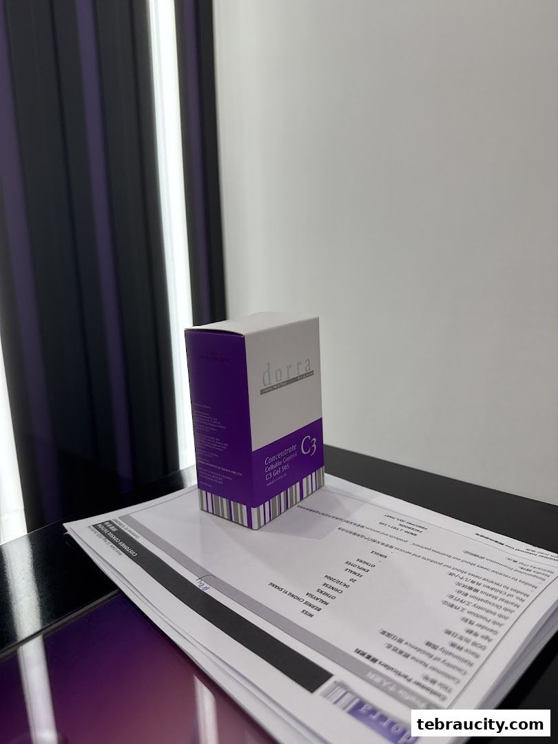 A box of Dorra C3 Concentrate Cellulite Control Gel sits on a consultation form.