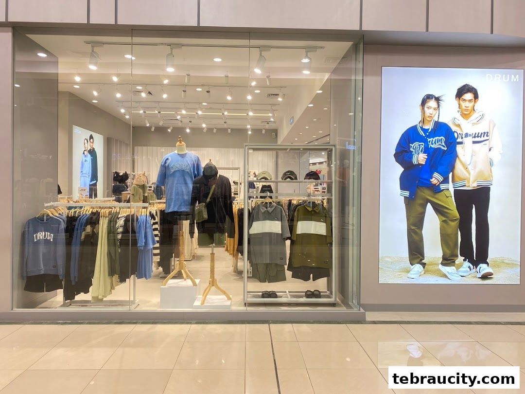 A DRUM clothing store with a display of apparel and a large advertisement featuring two models.