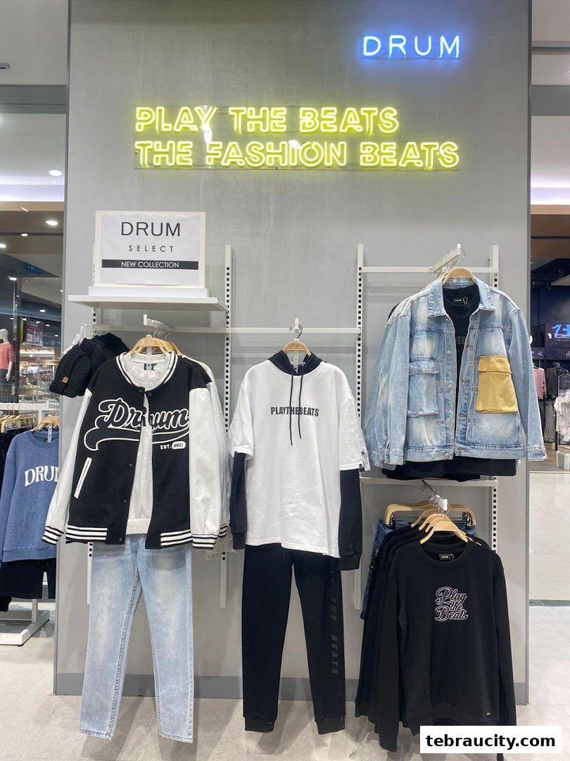 A display of trendy streetwear clothing, including jackets, t-shirts, and pants, with neon signage.