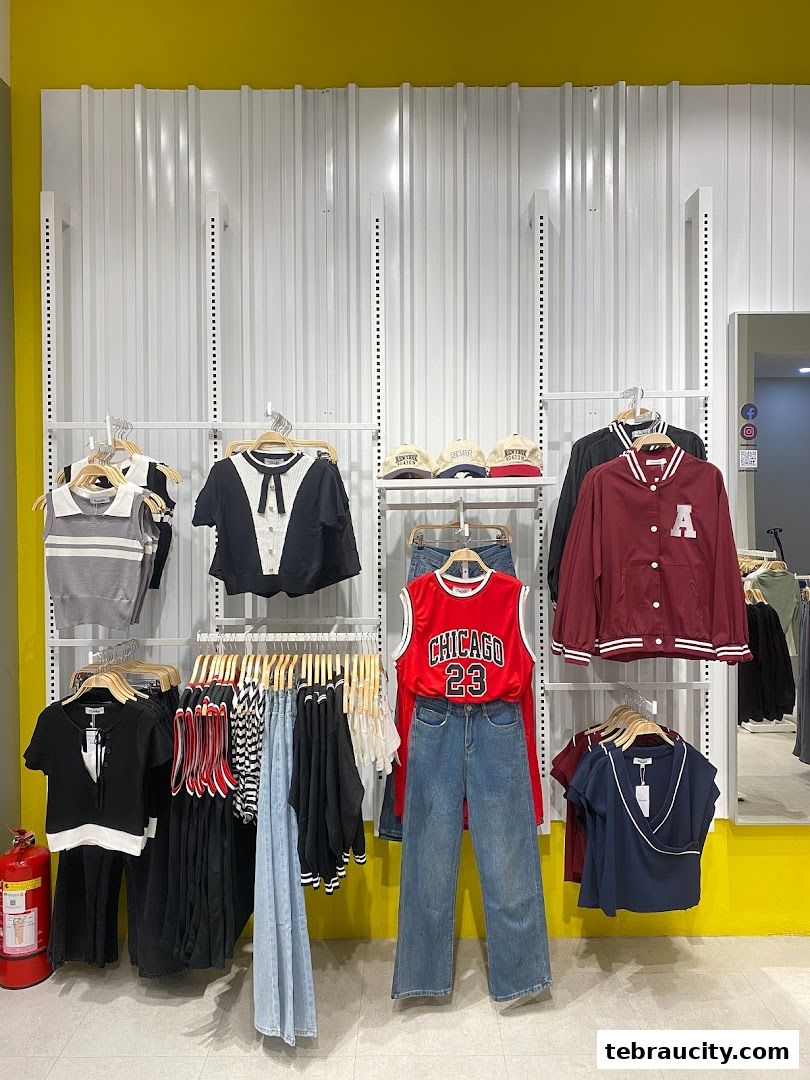 A retail display featuring a variety of trendy clothing items including tops, jackets, and jeans.