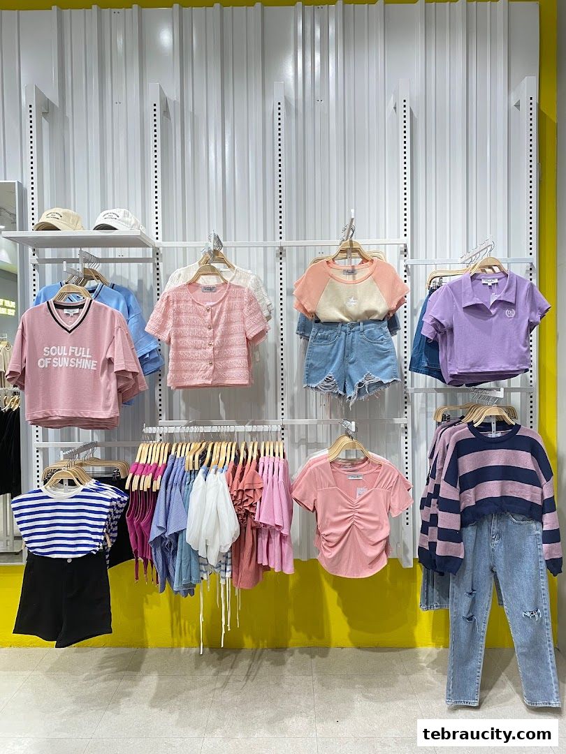 A display of trendy women's clothing, including tops, shorts, and jeans, neatly arranged on racks.