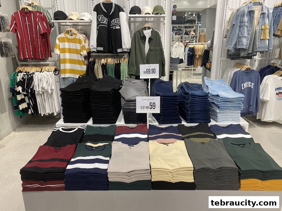 A well-organized display of casual men's clothing, including t-shirts, jackets, and jeans.