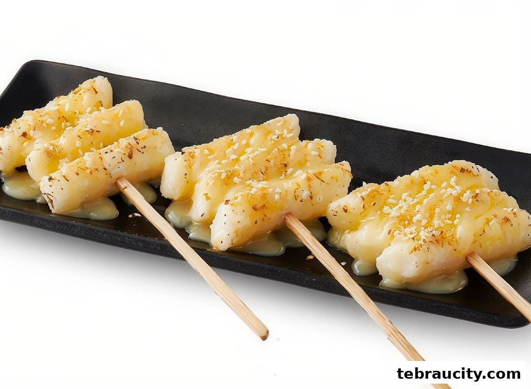 A black plate with several pieces of fried cheese sticks drizzled with sauce and sprinkled with sesame seeds.
