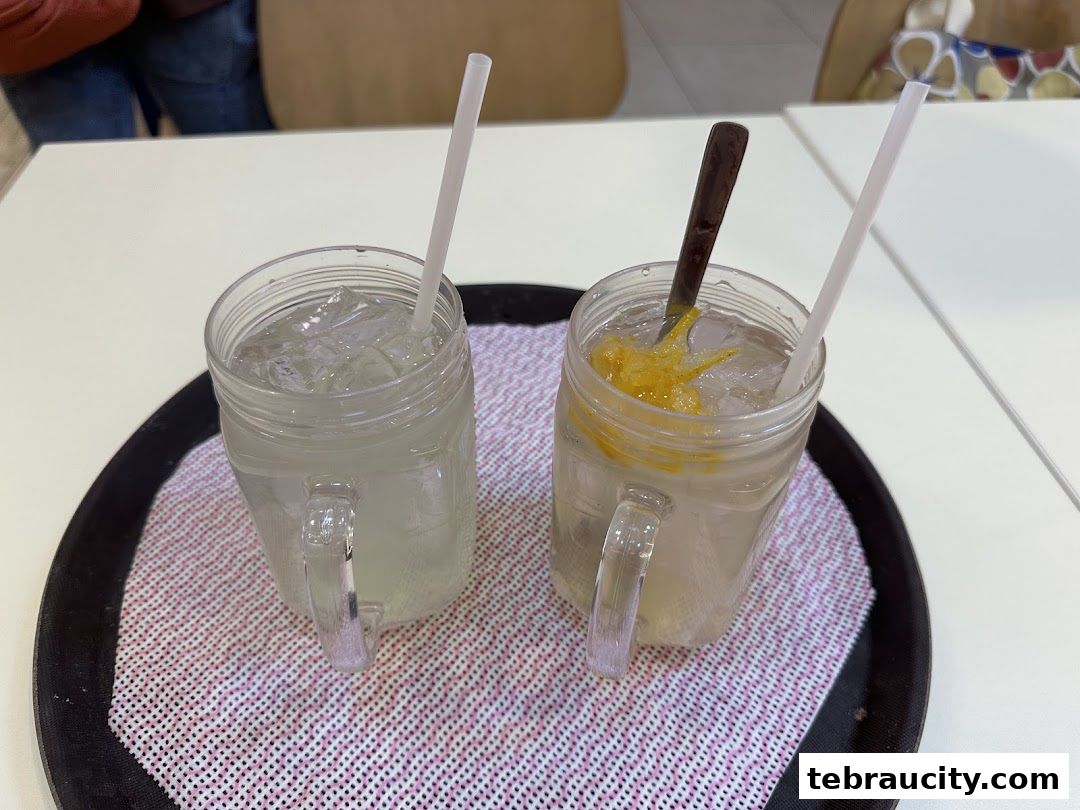 Two refreshing drinks with ice, straws, and lemon slices served on a tray.