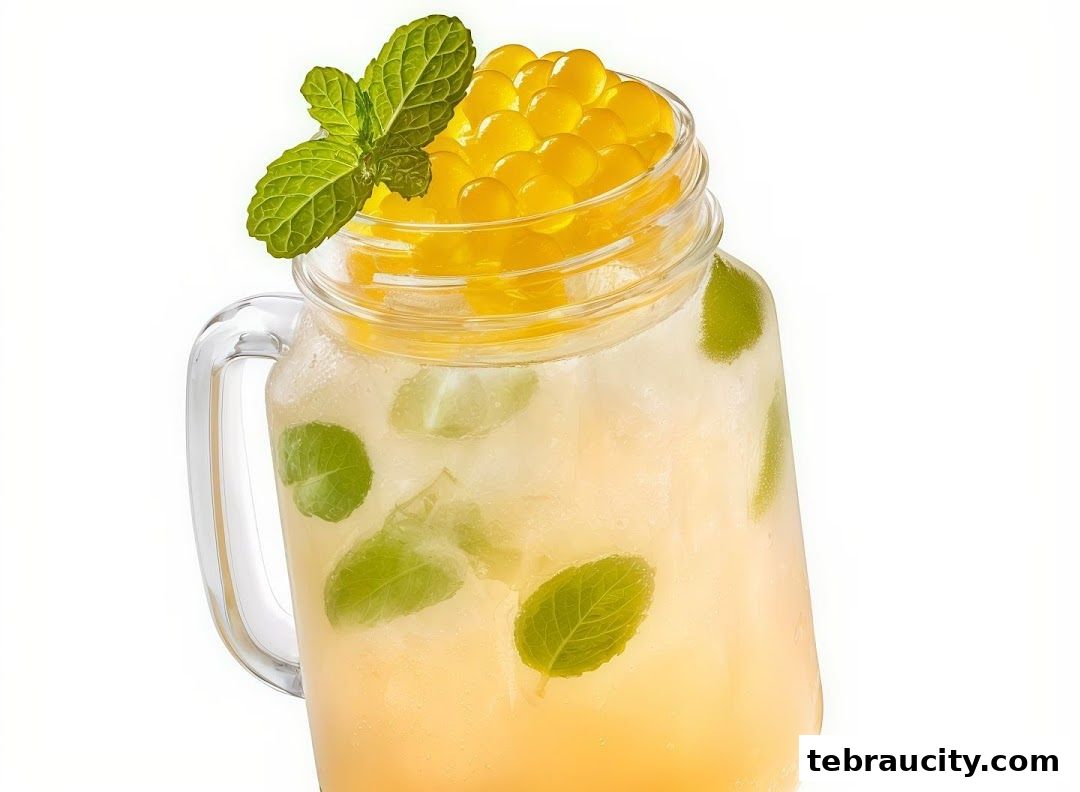A refreshing beverage with yellow boba pearls, mint leaves, and ice in a mason jar.