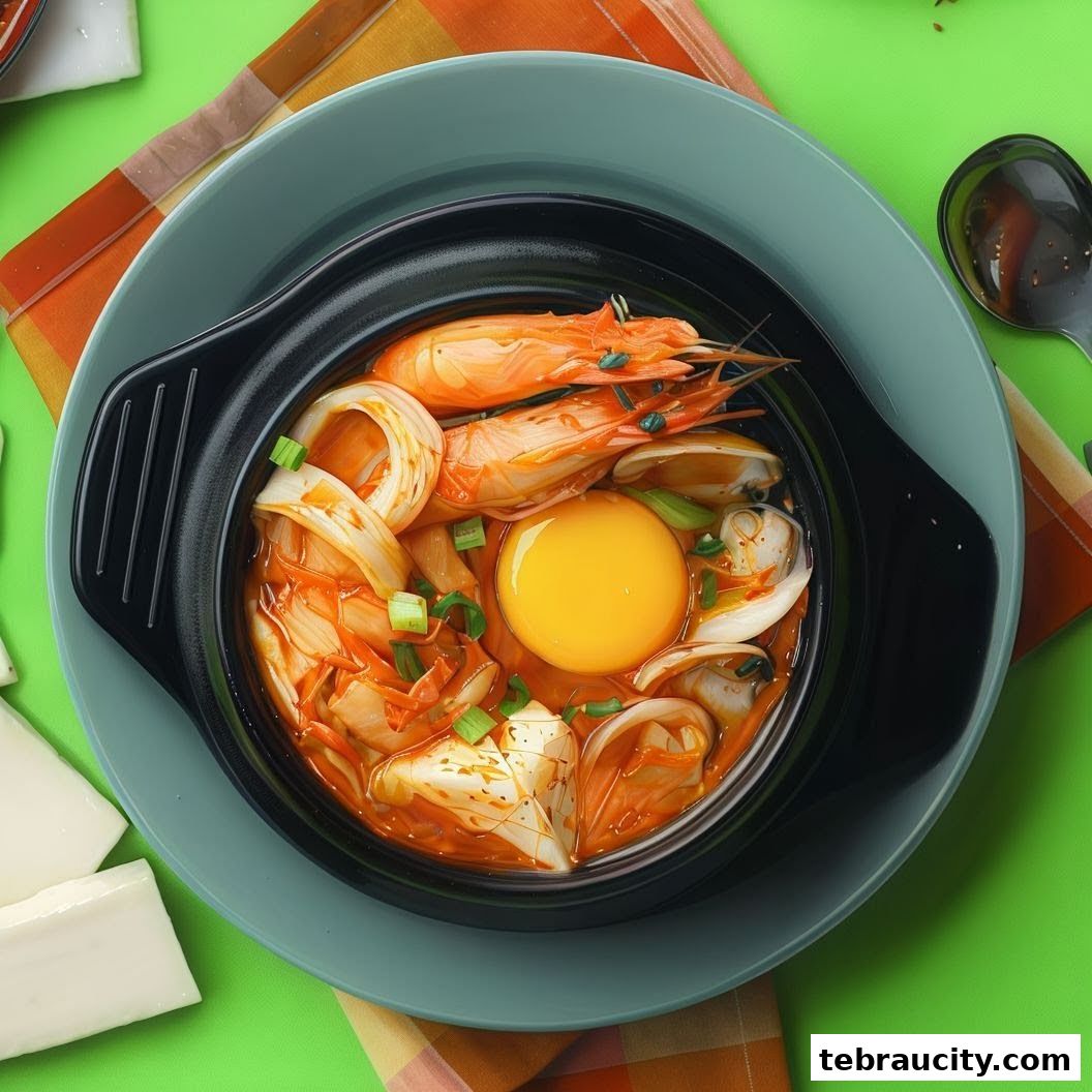 A close-up overhead view of a Korean seafood stew with a raw egg yolk in the center.