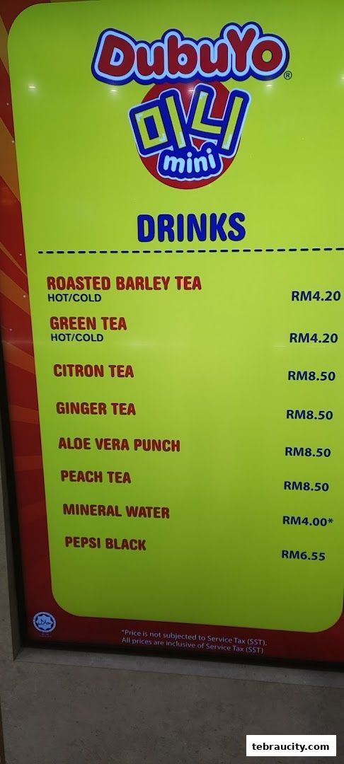 A menu board displaying various drinks offered at DubuYo Mini.