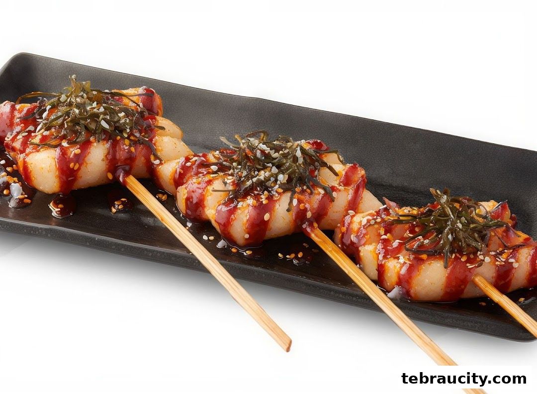 Three skewers of Korean rice cakes drizzled with sauce and topped with seaweed and sesame seeds.