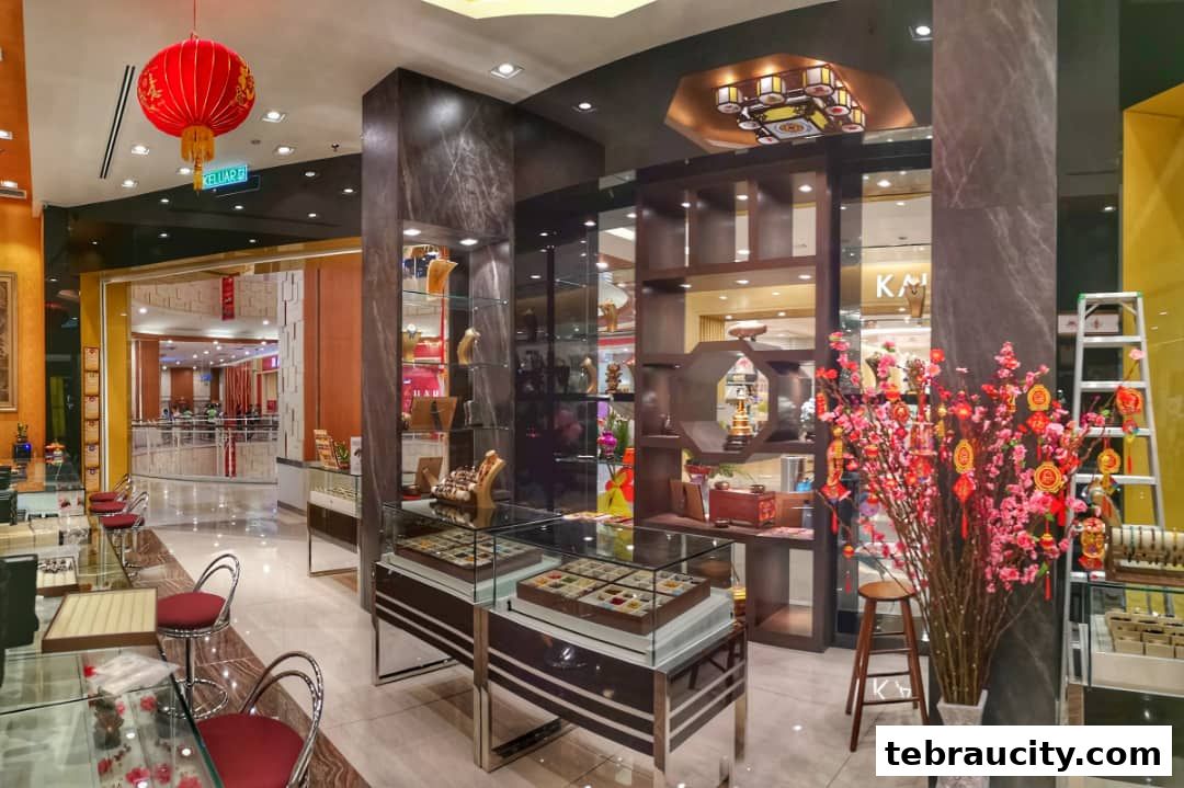 Interior view of a jewelry store with display cases, seating, and festive decorations.