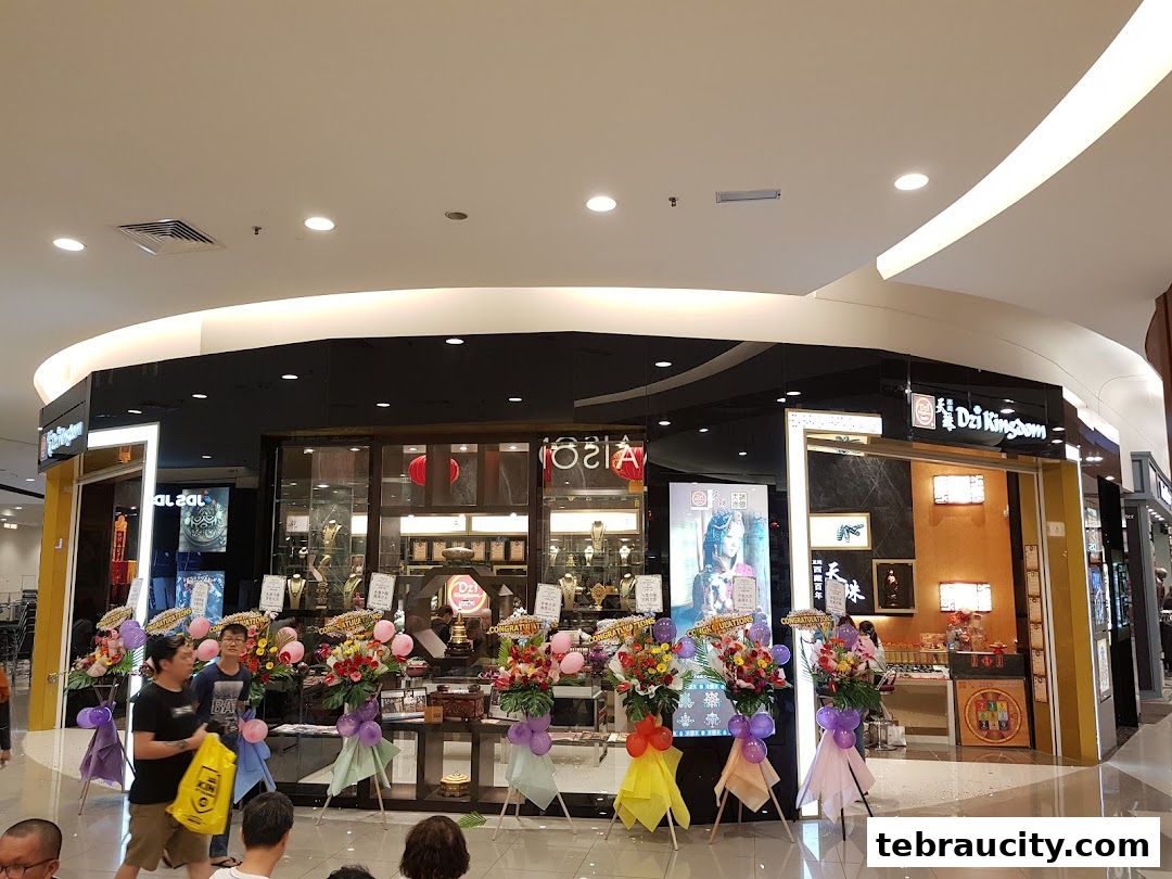 The Dzi Kingdom shop front decorated with congratulatory flower stands and balloons.