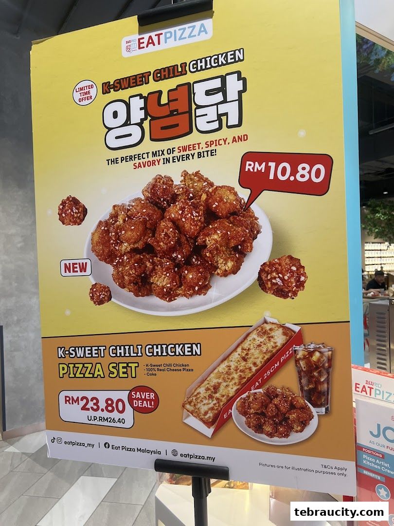 A promotional poster for Eat Pizza featuring K-Sweet Chili Chicken and a pizza set.