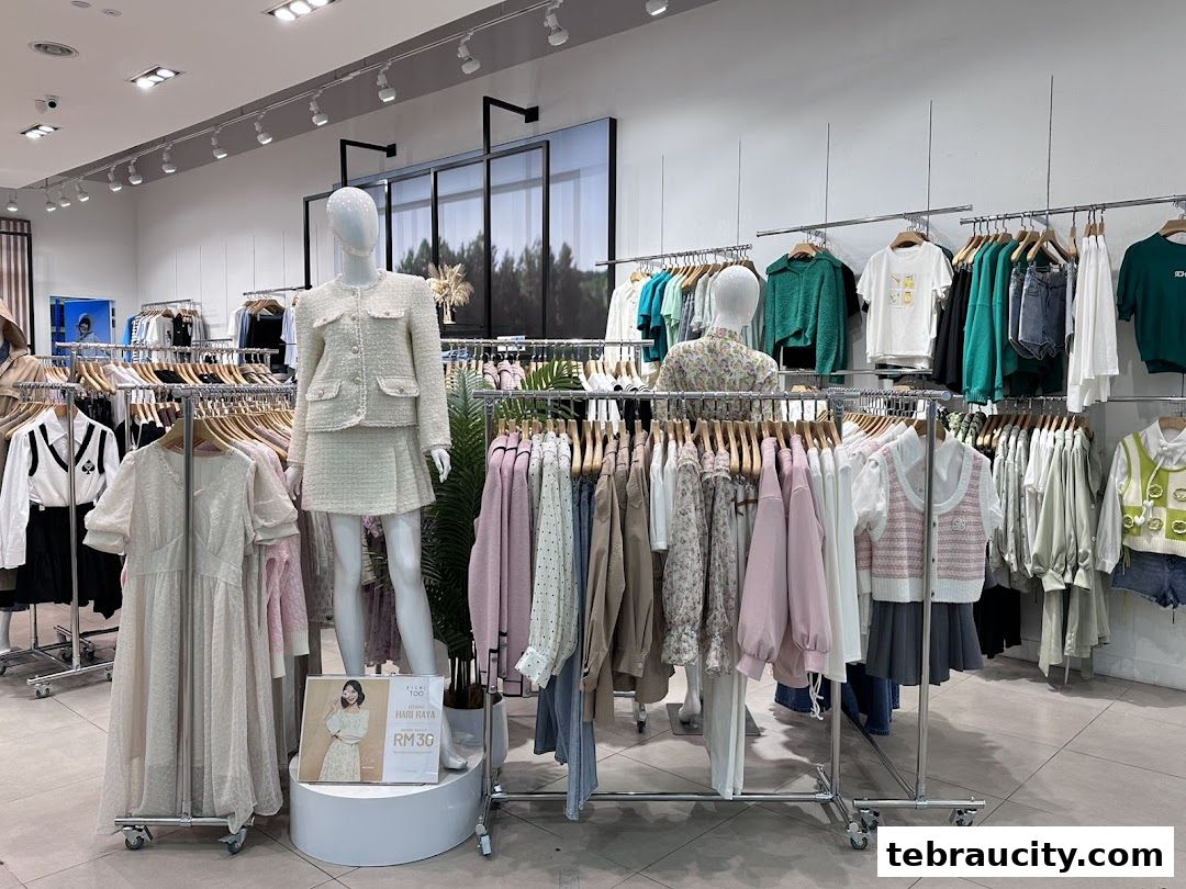 A well-lit clothing store interior showcasing a variety of women's apparel on racks and mannequins.