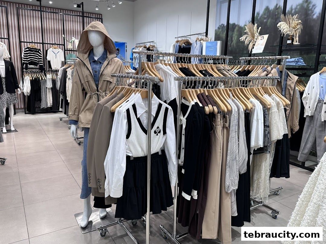 A mannequin wearing a stylish outfit in a well-organized clothing store.