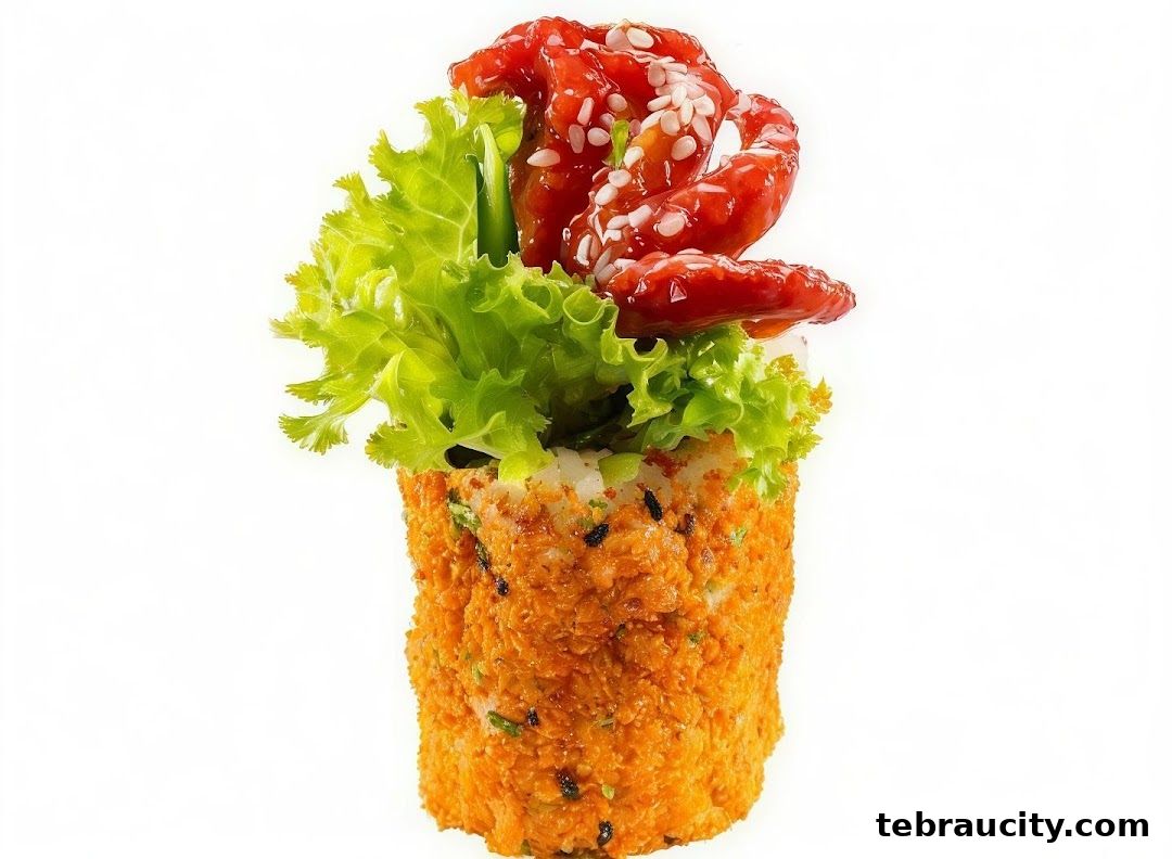 A close-up of a crispy sushi roll topped with lettuce and glazed octopus.