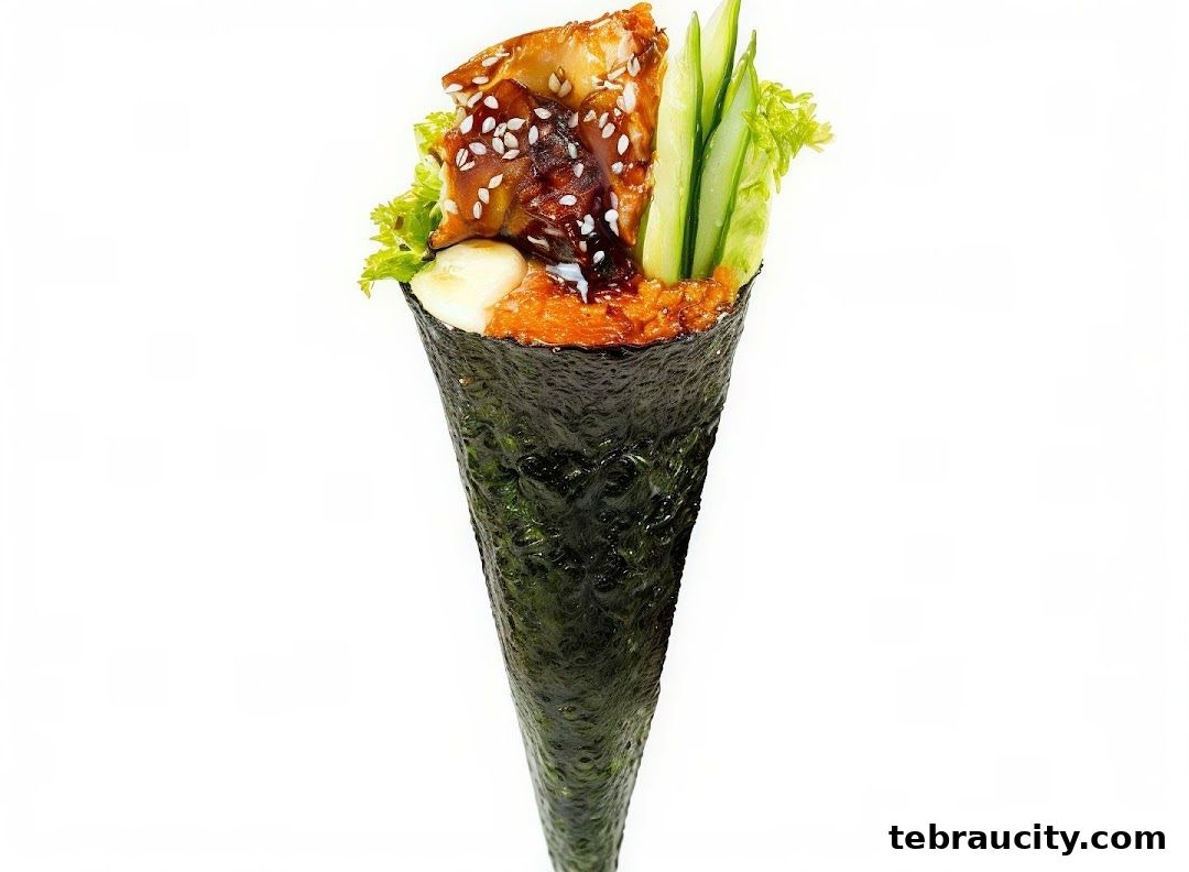 A delicious sushi hand roll with eel, cucumber, and lettuce on a white background.