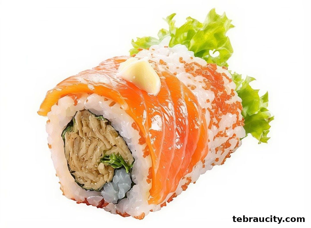 A close-up of a delicious salmon sushi roll with lettuce and a dollop of mayonnaise.