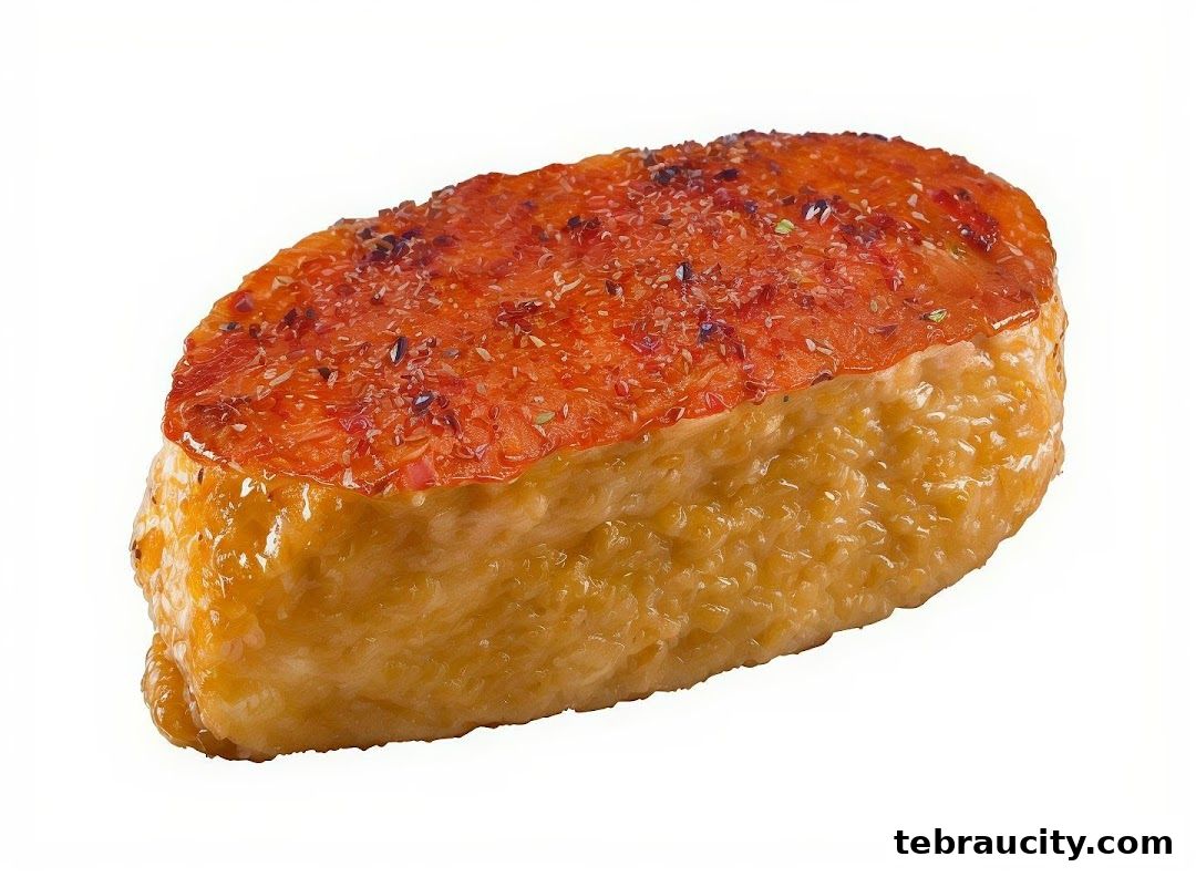 A close-up shot of a piece of sushi with glazed salmon and herbs.